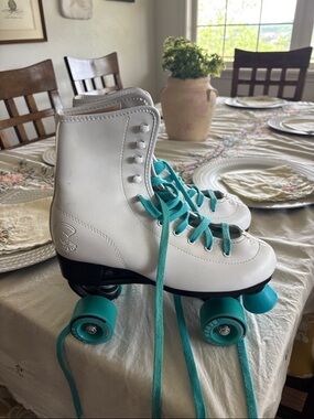 White Roller Skates with Teal Laces & Wheels
